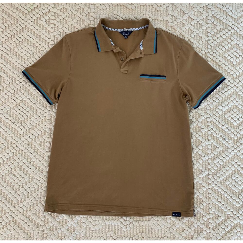 Ben Sherman Brown Polo Shirt Blue Tipping Pocket Size Medium